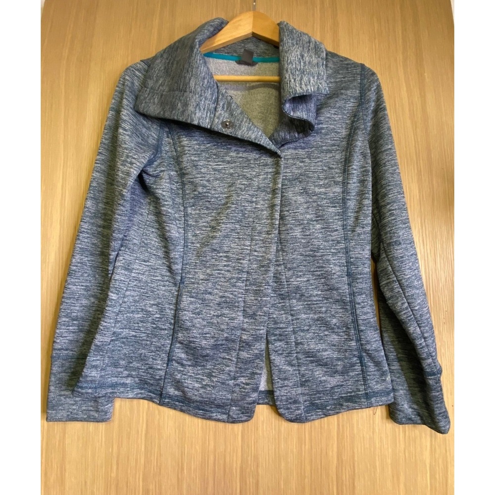 Athleta Women Medium Jacket Blue Space Dye Asymmetrical Snap Front Peplum Back